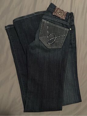 bebe Dark Indigo Flare Jeans with Rinestones
